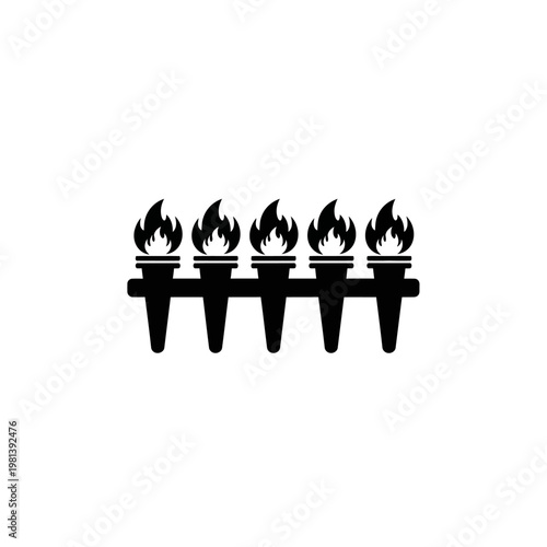 Row of five Olympic torches with flames burning brightly, symbolizing unity, competition, and the Olympic spirit