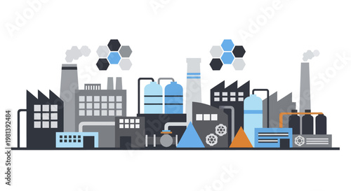 Modern Industrial Factory Complex with Smokestacks and Chemical Structures.