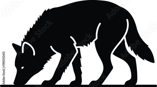 Minimalist wolf silhouette icon side view sniffing ground isolated on white background vector graphic design