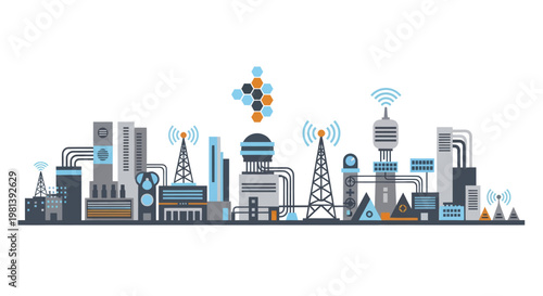 Smart City Network Infrastructure with Communication Towers and Data Flow.