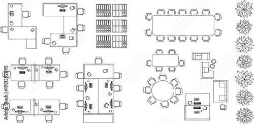 Architectural top-down views of various office furniture layouts, including desks, workstations, and conference tables, for interior design and space planning projects