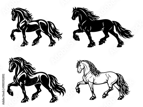 Friesian horse in dynamic trot set black silhouette illustrations