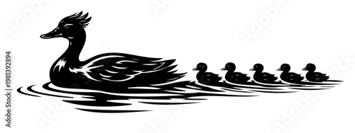 Mother duck swimming with ducklings on water black silhouette illustration