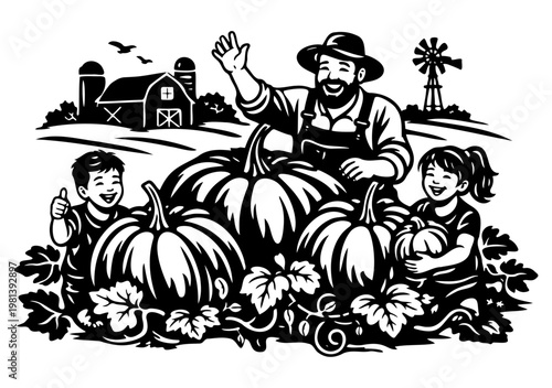 Happy family harvesting giant pumpkins on farm black silhouette illustration