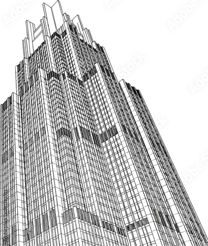 Intricate line art illustration depicting a soaring skyscraper, showcasing the grandeur of modern architectural design and the verticality of urban landscapes