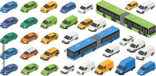 Diverse collection of isometric vehicles, including cars, vans, and buses, showcasing various colors and models for transportation and urban mobility concepts