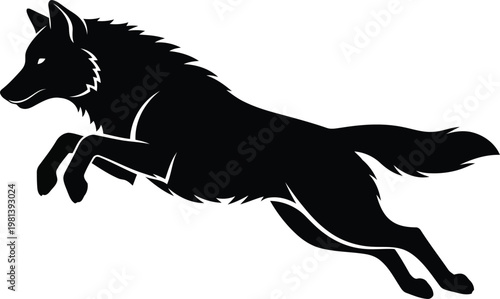 Black silhouette of a jumping wolf isolated on white background for logo mascot design vector