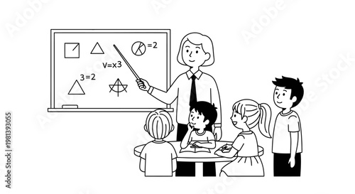 Illustration of a Teacher Teaching Mathematics to a Group of Students in Classroom.