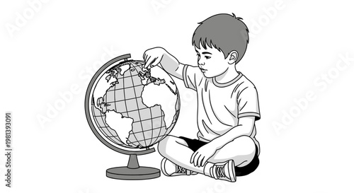 Illustration of a Boy Learning Geography with a Globe.