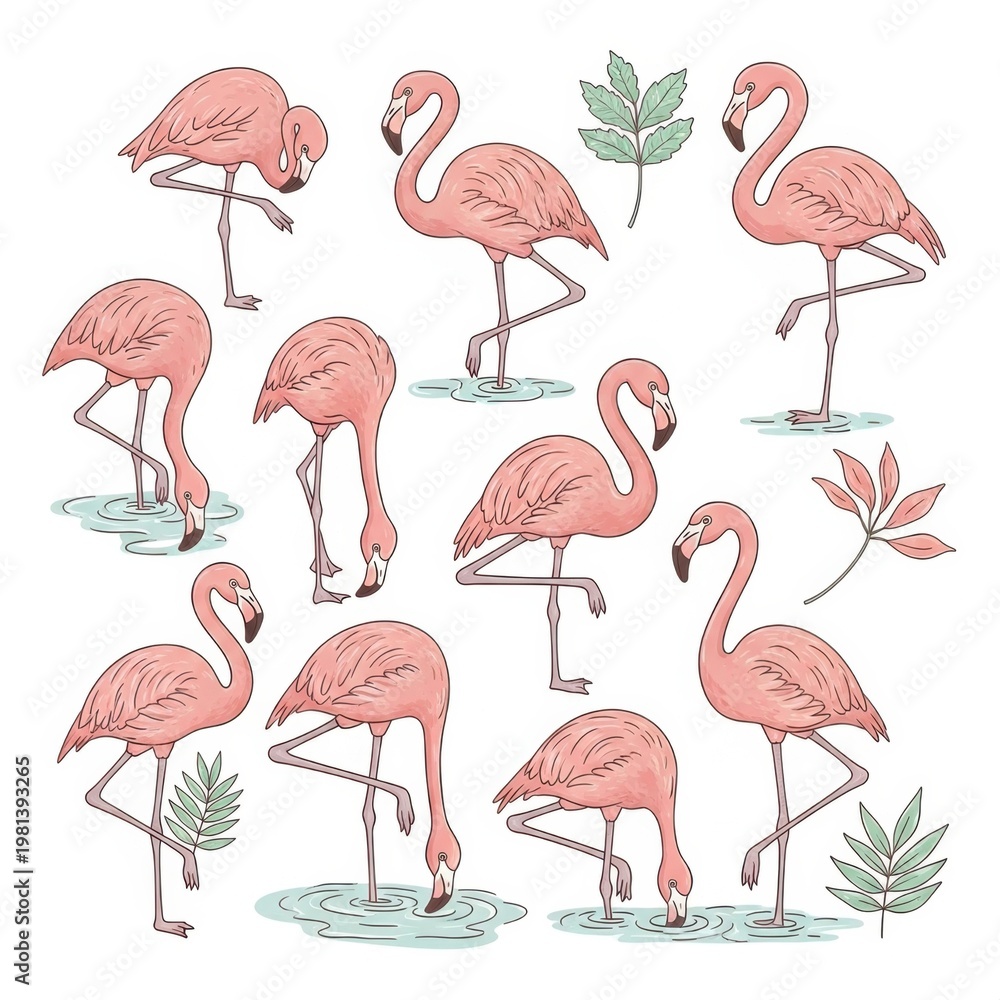 Obraz premium Flamingos standing in water with leaves around them
