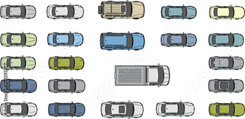Collection of top-down passenger cars and a truck. Various models and colors, arranged in a grid for urban maps and transportation planning