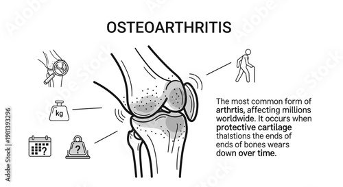 Osteoarthritis Medical Infographic with Knee Joint Anatomy and Risk Factor Icons.