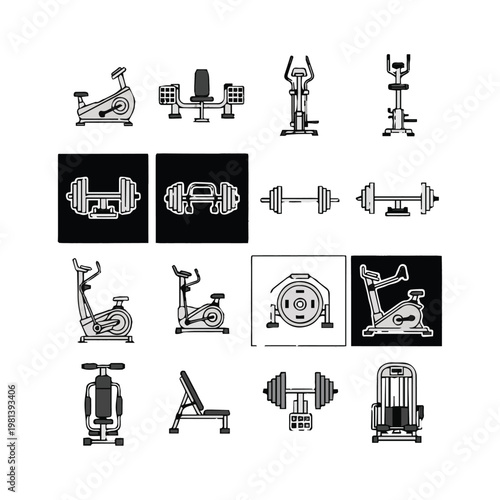 Black and white icons of various gym equipment and exercises