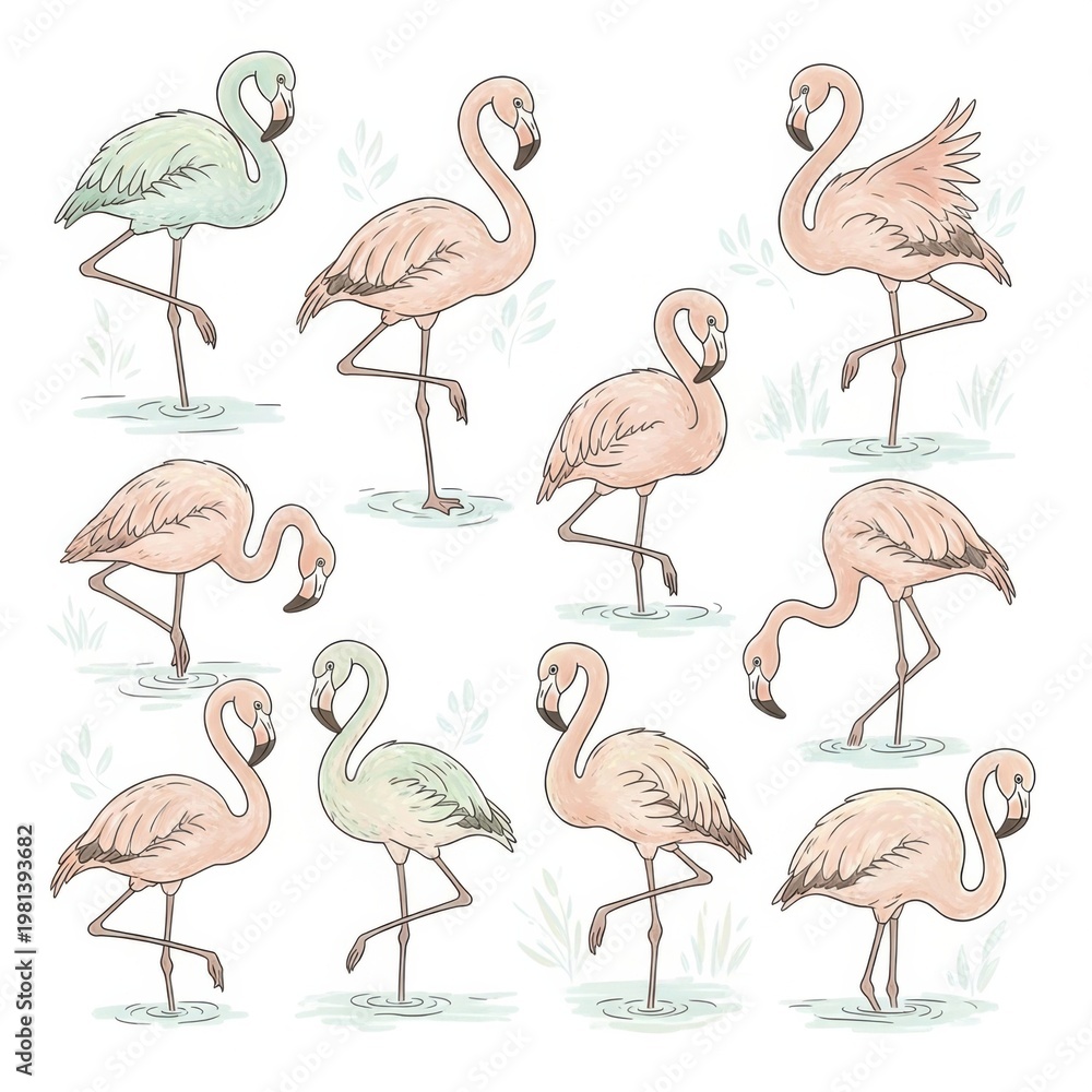 Obraz premium Flamingos in Various Poses and Colors Illustration