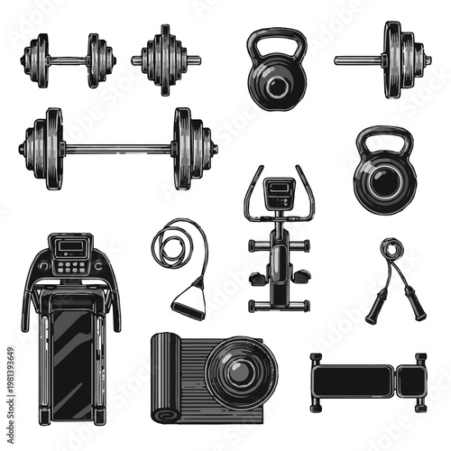 Black and white illustration of various gym equipment and workout tools