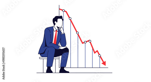Businessman sitting and thinking in front of a falling stock market graph. Concept of financial crisis, bankruptcy, and economic recession.