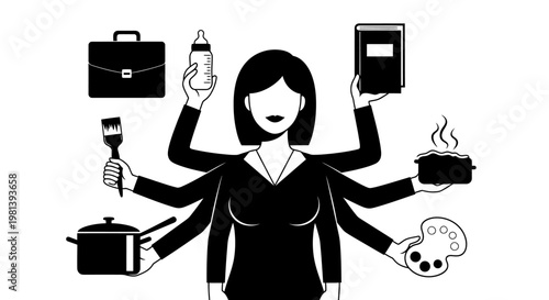 Multitasking woman or super mom with multiple arms holding various objects. Concept of work-life balance, motherhood, and career management