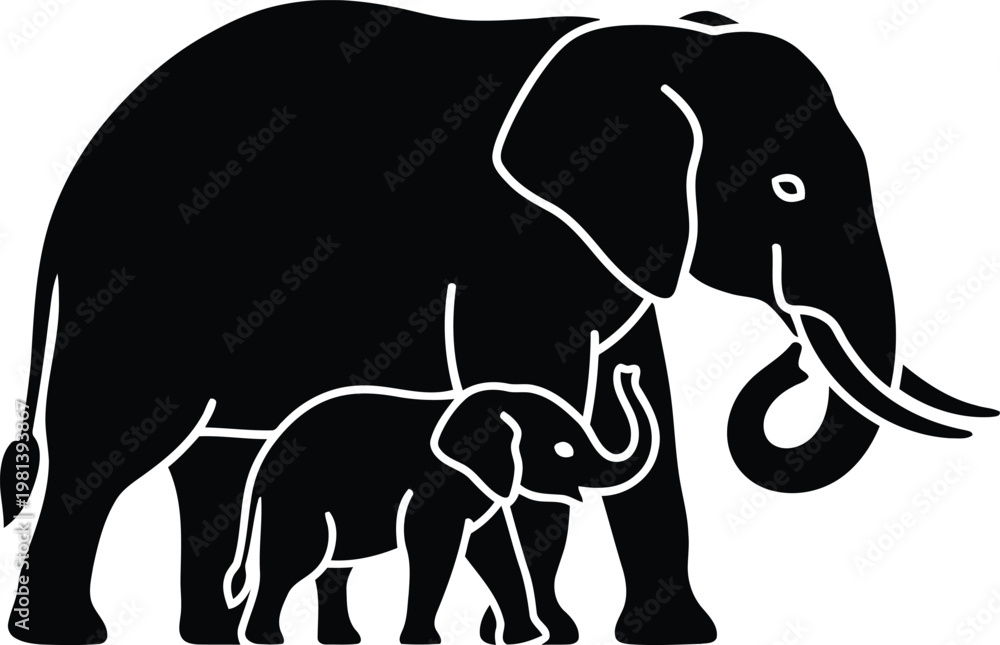 Fototapeta premium Black silhouette of an adult elephant and a baby calf isolated on white background vector