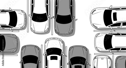 Top view illustration of cars in a crowded parking lot.