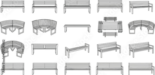 A comprehensive collection of diverse outdoor seating options, including traditional benches and modern curved designs for various public and private spaces
