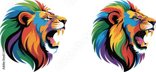 Colorful roaring lion head vector set, vibrant rainbow lion profile illustrations, majestic predator mascot with open mouth and sharp teeth