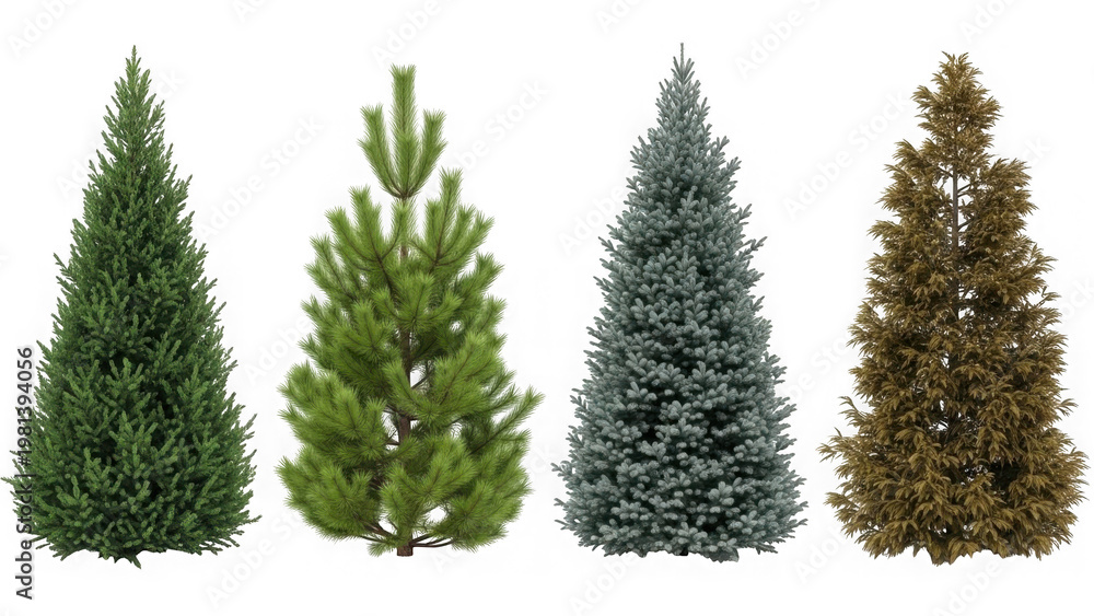 Fototapeta premium Four different christmas trees isolated on transparent background