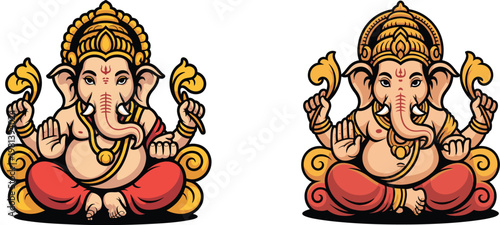 Lord Ganesha vector illustration set, Hindu god Ganpati sitting in meditation, traditional Indian deity icons with golden crowns and red robes