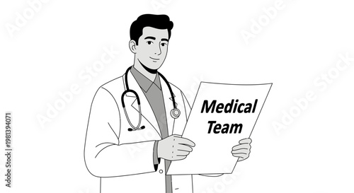 Male Doctor Character Holding a Paper with Medical Team Text Illustration.