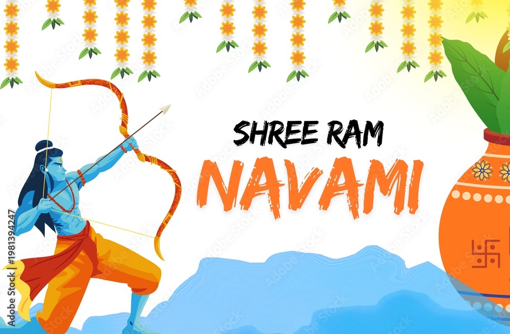 Fototapeta premium Heroic Lord Rama Standing with Bow, Full Body Illustration for Hindu Mythology