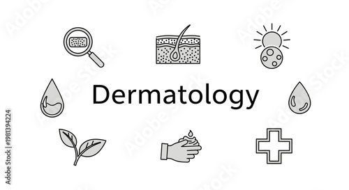 Dermatology and skin care medical concept illustration with various skin health icons.