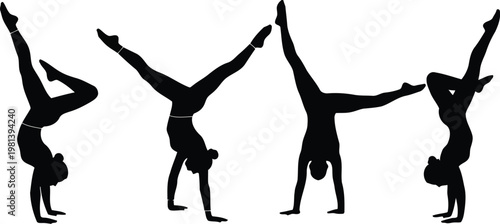 Set of black silhouettes of women performing various handstand poses isolated on white background art