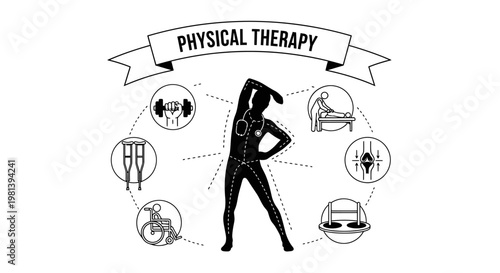 Physical therapy and rehabilitation concept illustration with human silhouette and medical icons.