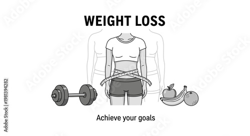 Weight loss and fitness goal concept with slim woman, measuring tape, dumbbell, and healthy fruits.