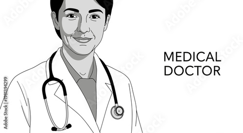 Professional female medical doctor portrait with stethoscope illustration.