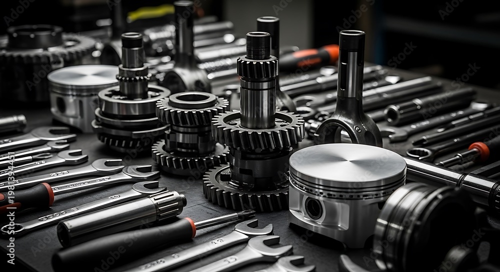 Naklejka premium Close-up of various metallic machine components, gears, tools, and pistons on a table
