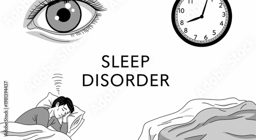 Sleep disorder and insomnia concept illustration with stressed man, wide eye, and wall clock.