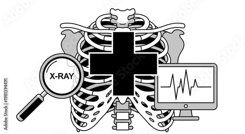 Radiology and diagnostic concept with human rib cage, X-ray magnifying glass, and ECG monitor.