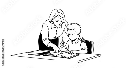 Female teacher or mother helping a young boy with his homework illustration.