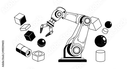 Industrial robotic arm manipulator with 3D geometric shapes, automation and artificial intelligence concept.