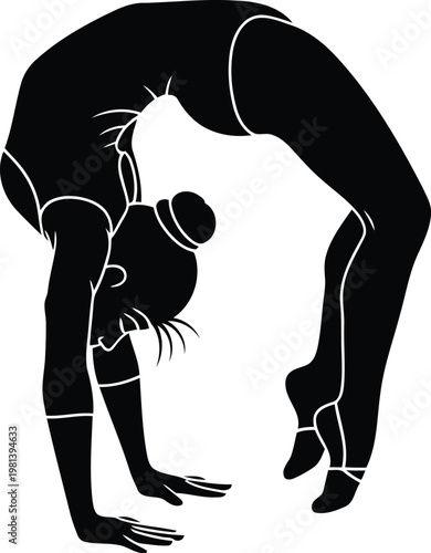 Black silhouette of a rhythmic gymnast performing a back bridge exercise on white background isolated