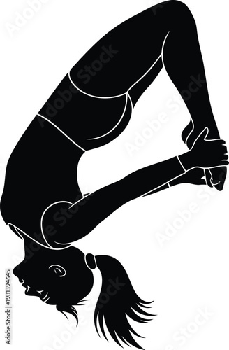 Black silhouette of a female gymnast performing an advanced acrobatic bridge pose on white background