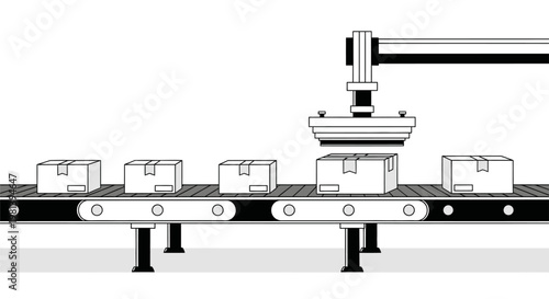 Automated conveyor belt system in a warehouse with robotic arm packing cardboard boxes.