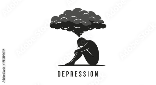 Depression concept illustration with a lonely person silhouette sitting under a heavy dark cloud.
