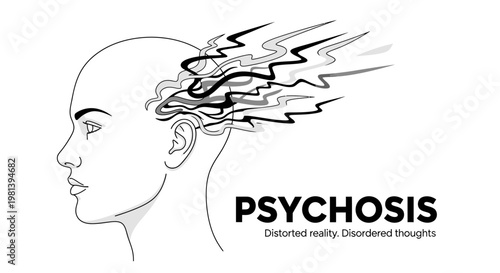 Psychosis mental health concept illustration with human profile and distorted thought waves.
