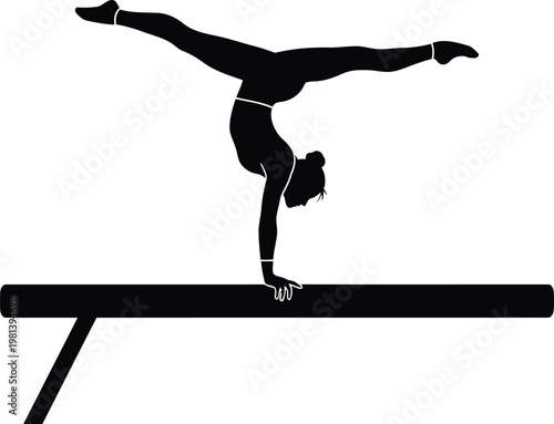 Black Silhouette Female Gymnast Performing Handstand Split on Balance Beam Isolated on White Background Graphic