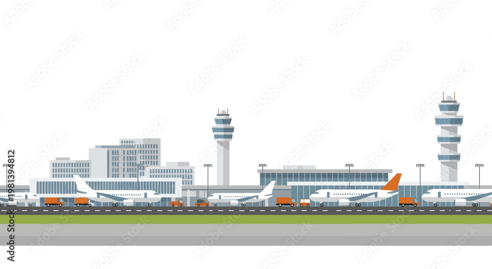 Obraz premium Busy Airport Terminal with Airplanes and Control Towers.