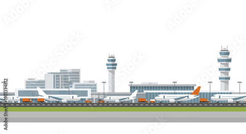 Busy Airport Terminal with Airplanes and Control Towers.