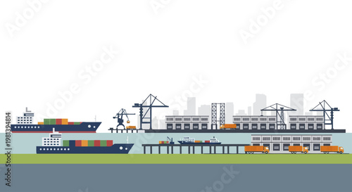 Cargo ships and containers at a bustling port terminal.