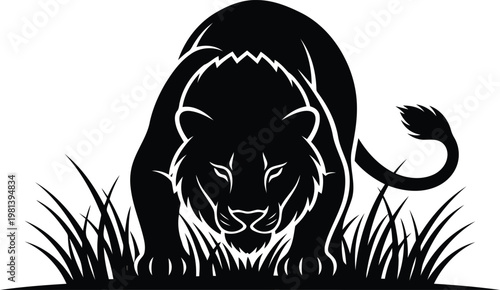 Black Silhouette Lion Crouching in Grass Vector Illustration for Logo Mascot Emblem Design Isolated White