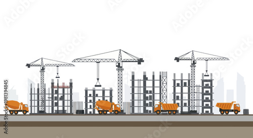 Construction site with cranes and trucks building new structures.